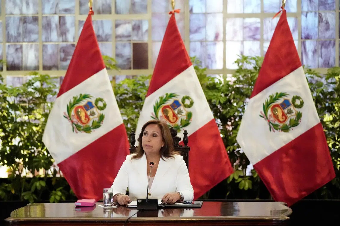 Peru's President Dina Boluarte speaks as she meets with foreign press, in Lima, Peru January 24, 2023. REUTERS/Angela Ponce/File Photo