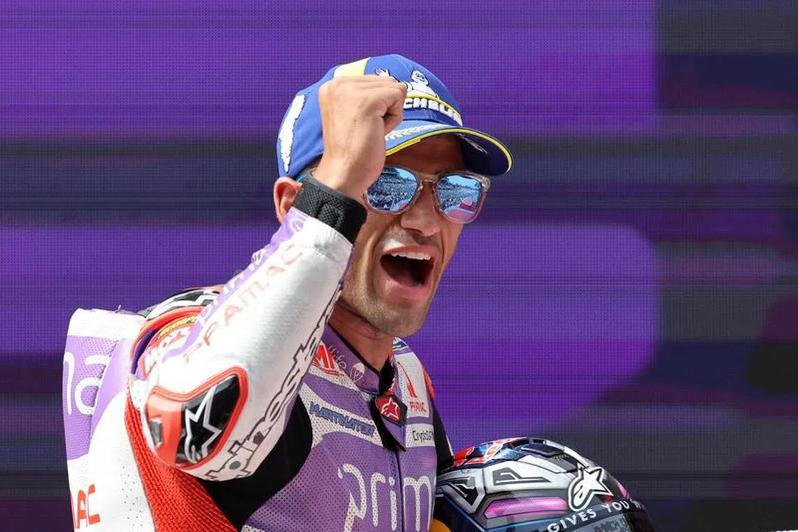 FILE PHOTO-MotoGP - Catalunya Grand Prix - Circuit de Barcelona-Catalunya, Barcelona, Spain - September 3, 2023 Prima Pramac Racing's Jorge Martin celebrates on the podium after finishing third place in the MotoGP race REUTERS/Nacho Doce/File Photo