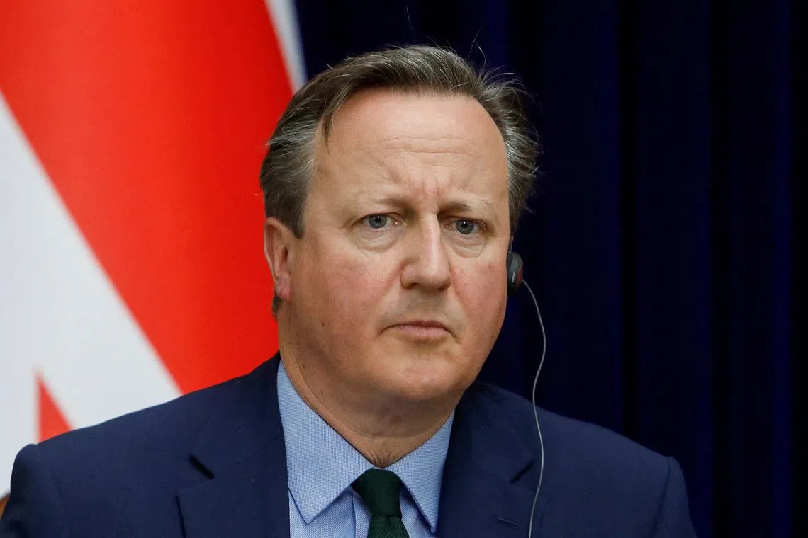 FILE PHOTO: Britain's Foreign Secretary David Cameron speaks during a press conference following talks with Kyrgyzstan's Foreign Minister Jeenbek Kulubayev in Bishkek, Kyrgyzstan, April 22, 2024. REUTERS/Vladimir Pirogov/File Photo