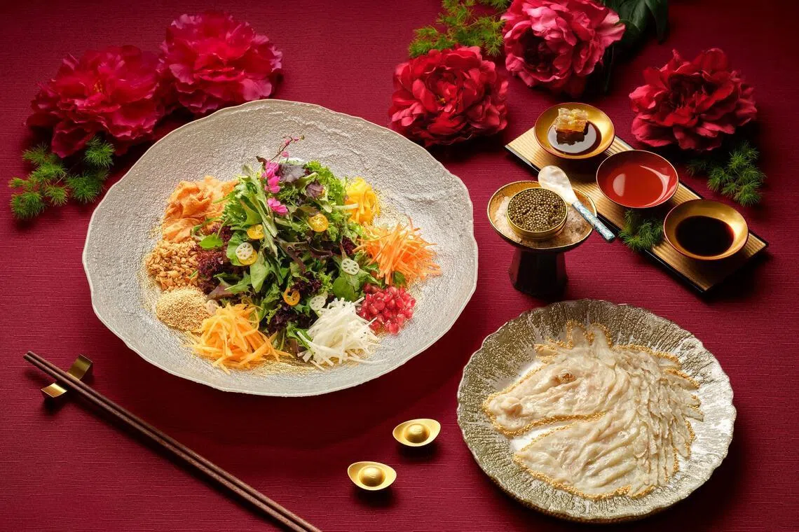 Si Chuan Dou Hua's Prosperity Sturgeon Caviar and Fugu Yusheng with Organic Fresh Greens.