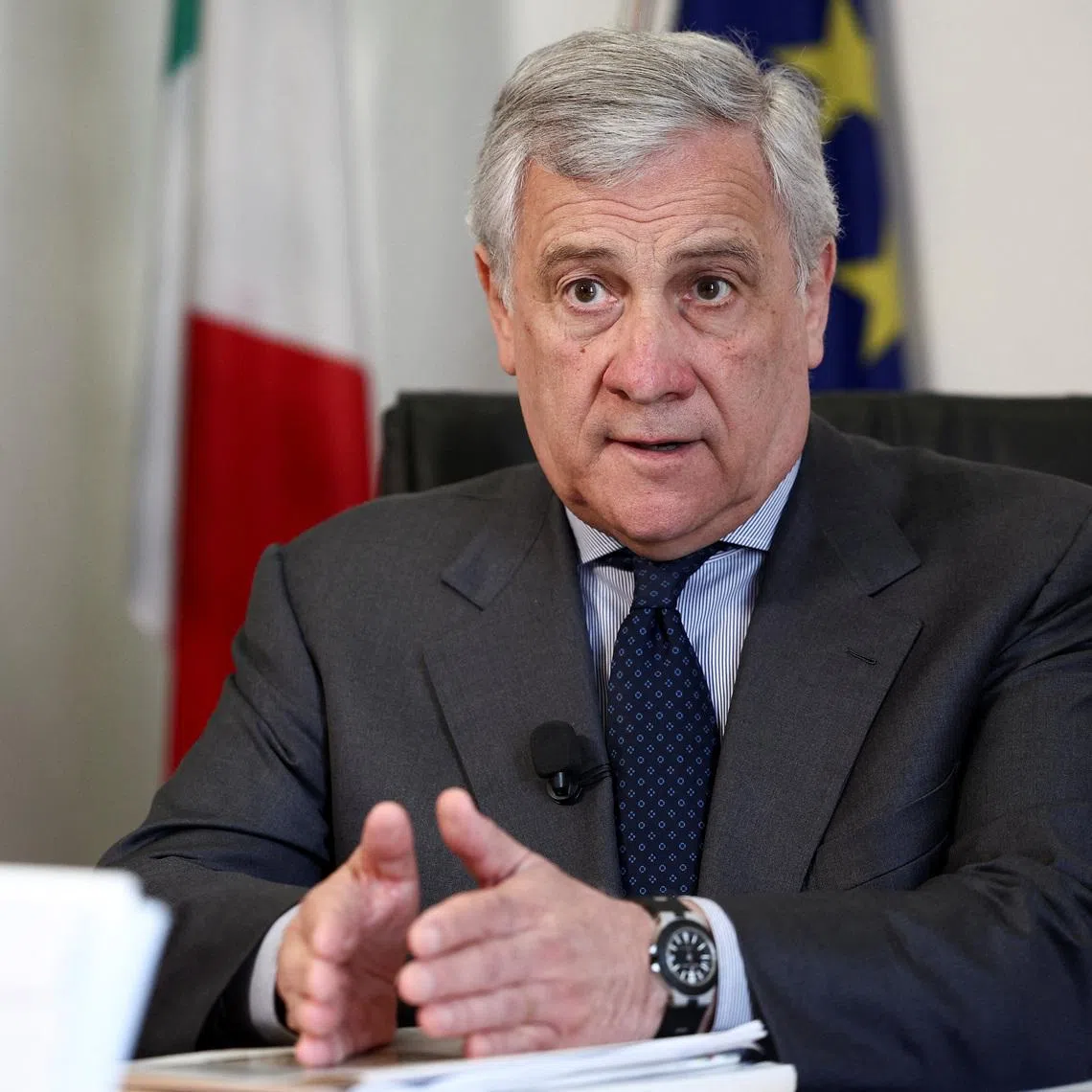 Italian Foreign Minister Antonio Tajani speaks during an interview with Reuters in Rome, Italy, April 15, 2024. REUTERS/Guglielmo Mangiapane