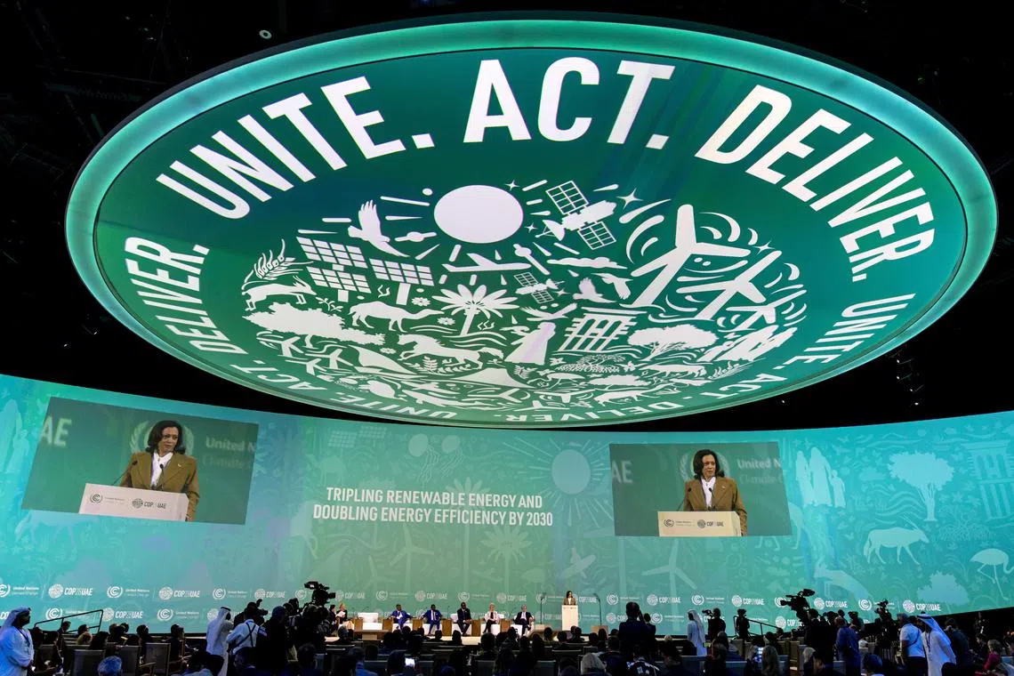 Us Vice-President Kamala Harris addresses  the UN COP28 summit in Dubai.