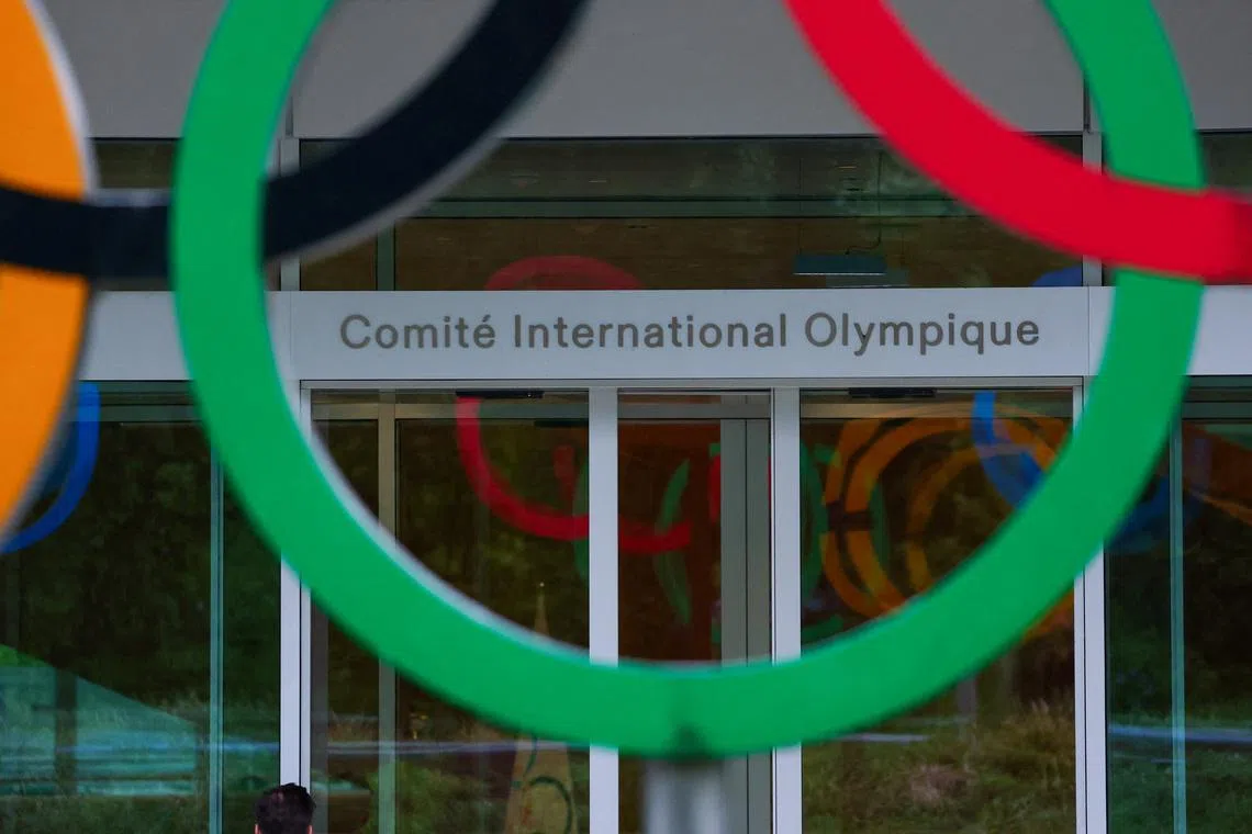 Olympic rings in front of the International Olympic Committee (IOC), during an Executive Board meeting at the Olympic House in Lausanne, Switzerland, May 6, 2026. REUTERS/Denis Balibouse/File Photo