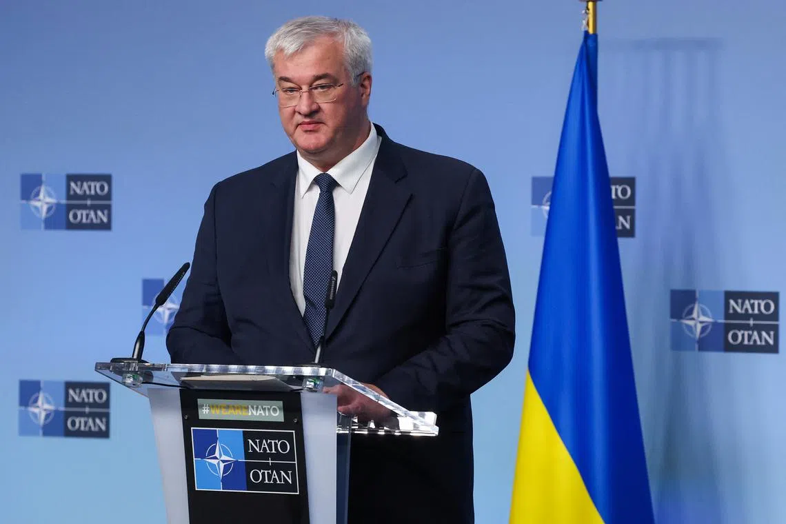 Ukrainian Foreign Minister Andrii Sybiha speaks during a press conference with NATO Secretary General Mark Rutte (not pictured), at the alliance's headquarters in Brussels, Belgium April 3, 2025. REUTERS/Yves Herman/File Photo