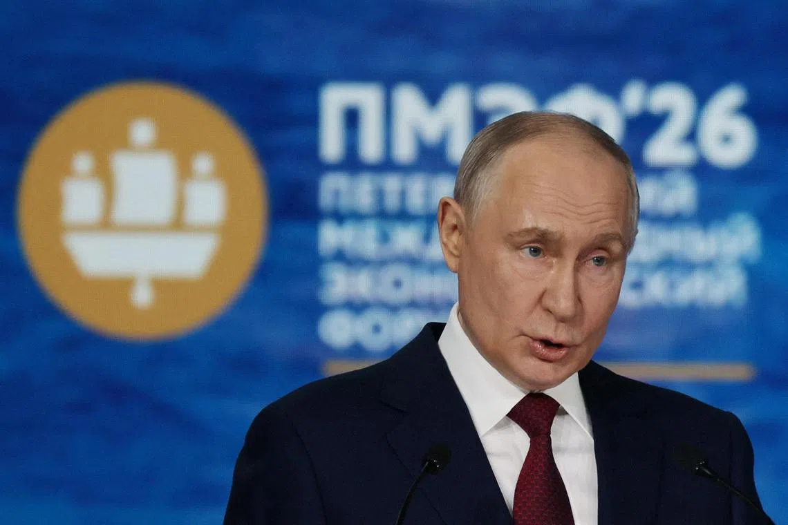 Russia's President Vladimir Putin delivers a speech during a plenary session of the St. Petersburg International Economic Forum (SPIEF) in Saint Petersburg, Russia June 5, 2026. REUTERS/Anastasia Barashkova