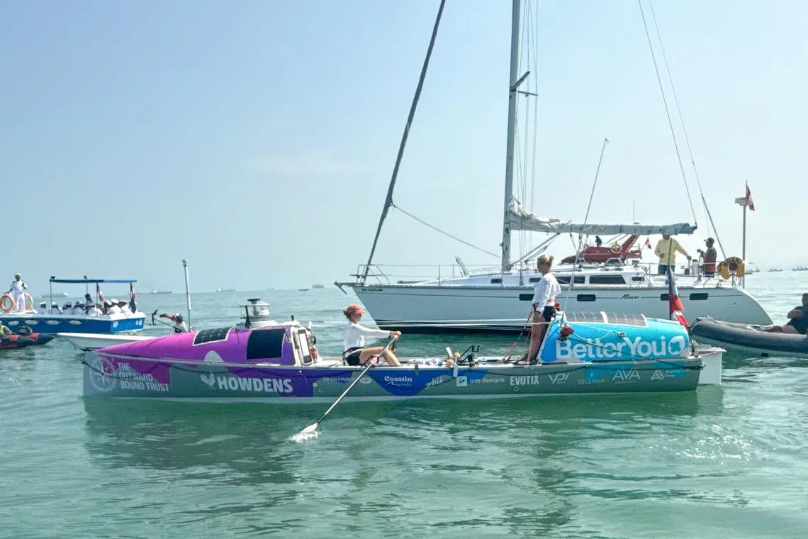 Miriam Payne and Jess Rowe row their boat Velocity as they depart Peru in an attempt to row non-stop across the Pacific Ocean, April 8, 2025.   Seas The Day/Handout via REUTERS
