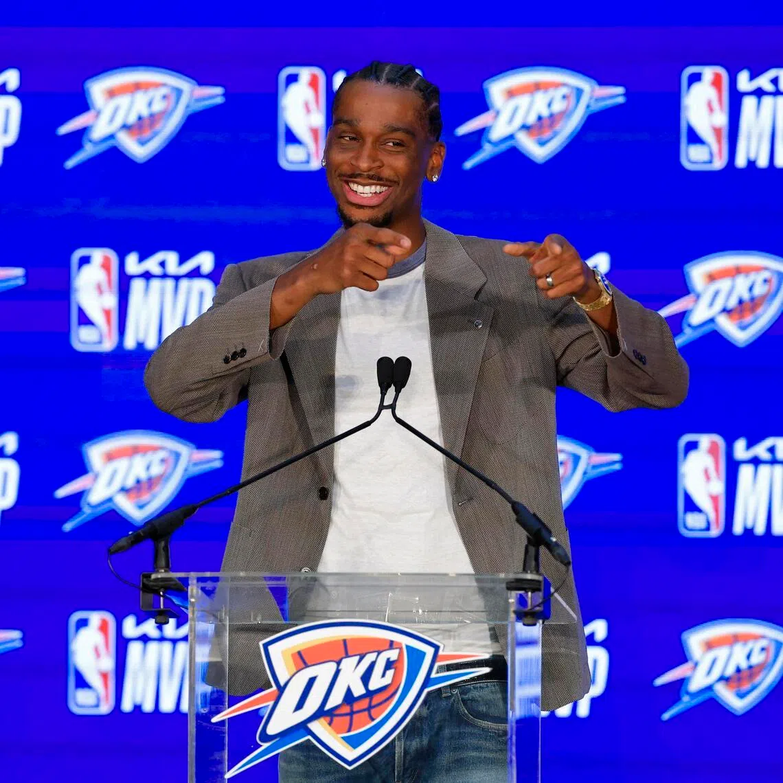 Oklahoma City Thunder guard Shai Gilgeous-Alexander during a press conference after the announcement that he won the 2025-26 NBA Most Valuable Player award.