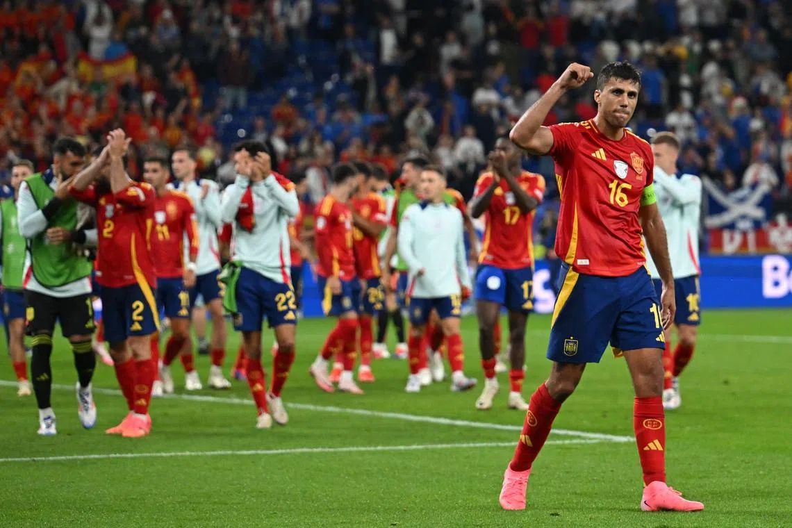 Spain midfielder Rodri celebrates after beating Italy 1-0 in their Euro 2024 Group B clash.