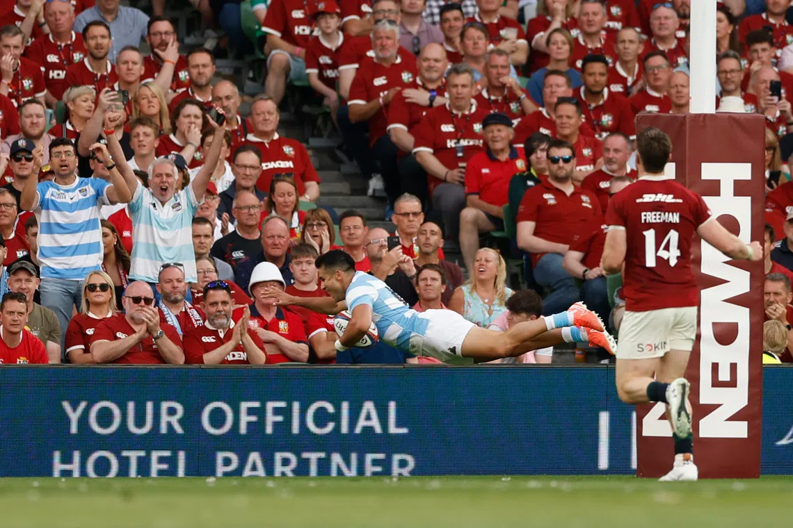 FILE PHOTO: Rugby Union - British & Irish Lions v Argentina - Aviva Stadium, Dublin, Ireland - June 20, 2025  Argentina's Tomas Albornoz scores their second try REUTERS/Clodagh Kilcoyne/File Photo