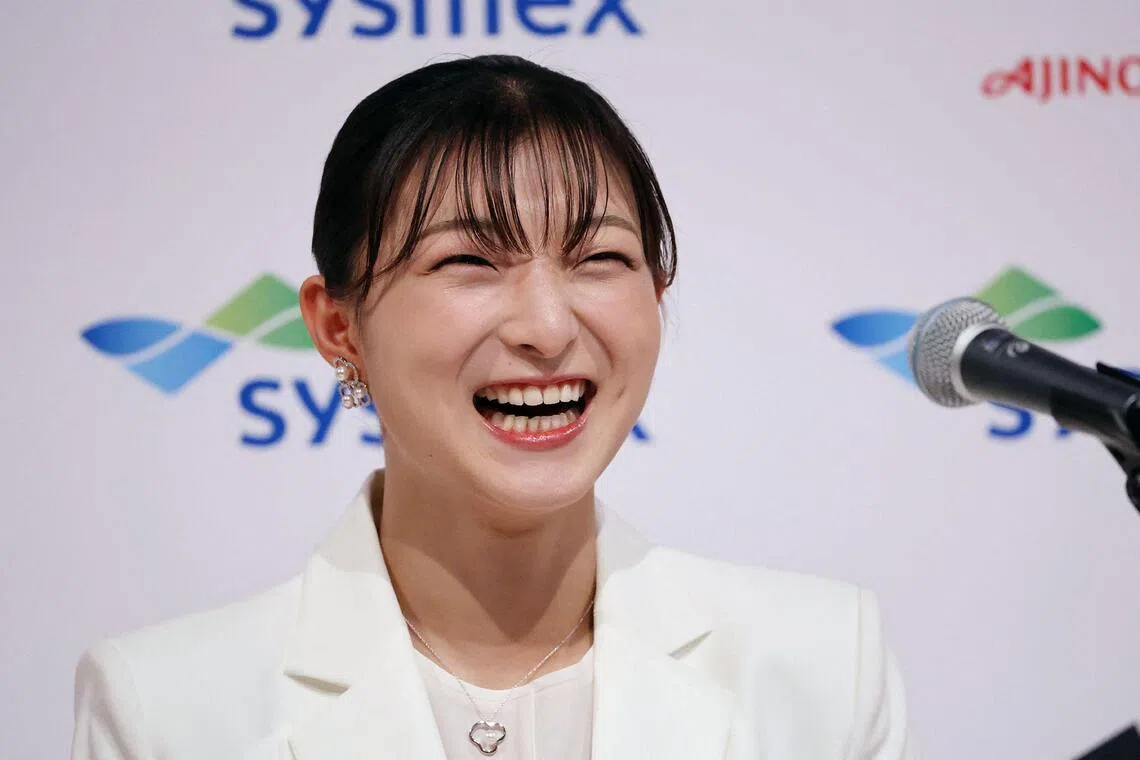 Japanese figure skating skater Kaori Sakamoto holds her retirement press conference in Kobe on May 13, 2026.