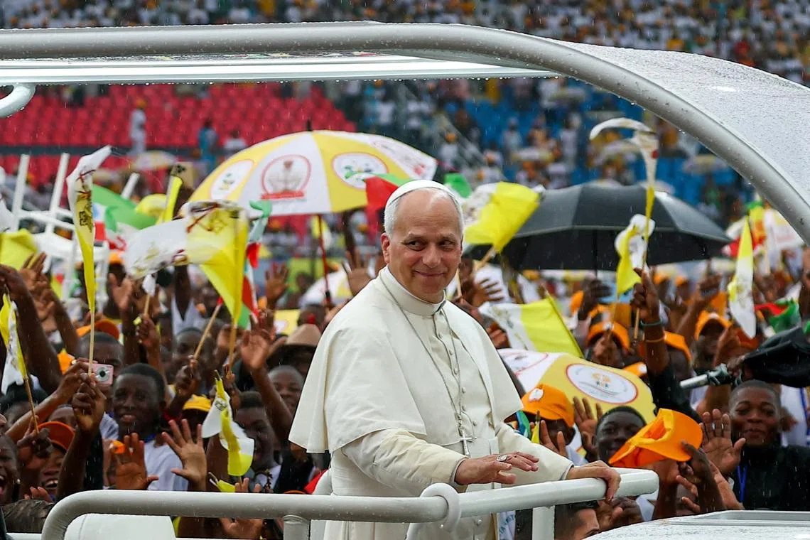 Pope Leo arrives for a meeting with young people and families at Bata Stadium, in Bata, Equatorial Guinea, on April 22 as part of a four-nation Africa tour.