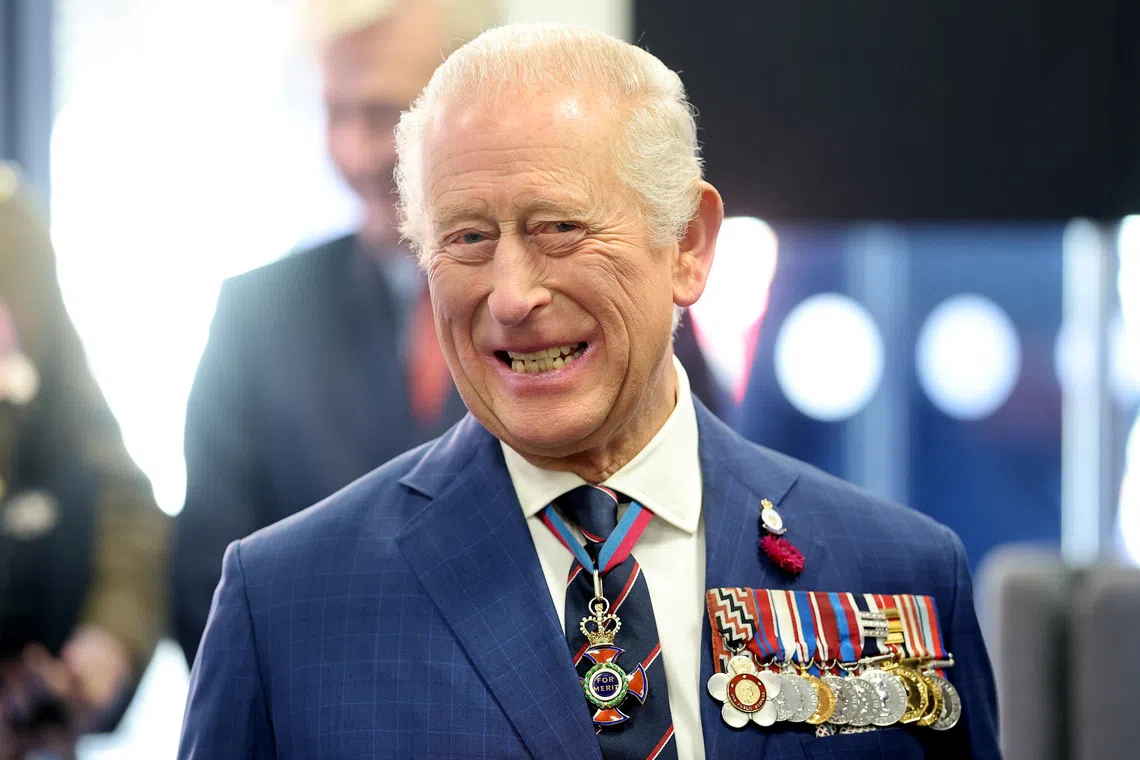 FILE PHOTO: Britain's King Charles visits Coffee D'Ash in the Portland Walk regeneration area, in Barrow-in-Furness, Britain, September 22, 2025.  Chris Jackson/Pool via REUTERS/File Photo