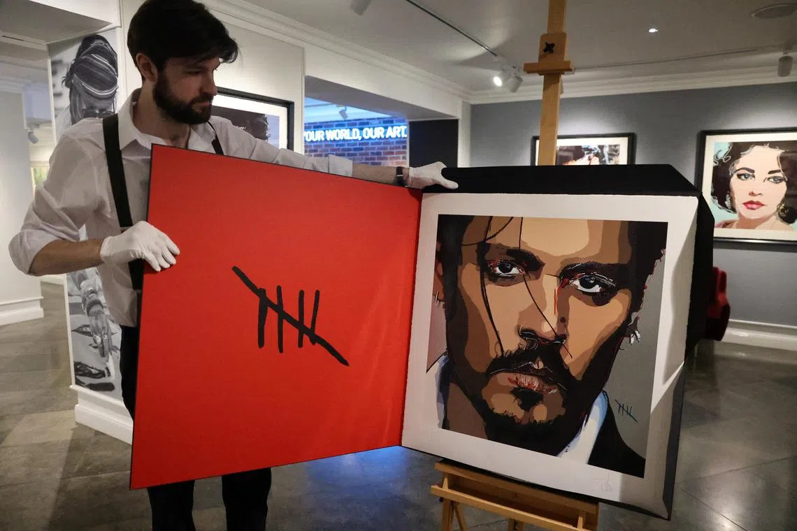 A self-portrait by actor Johnny Depp is pictured at Castle Fine Art Gallery in London.