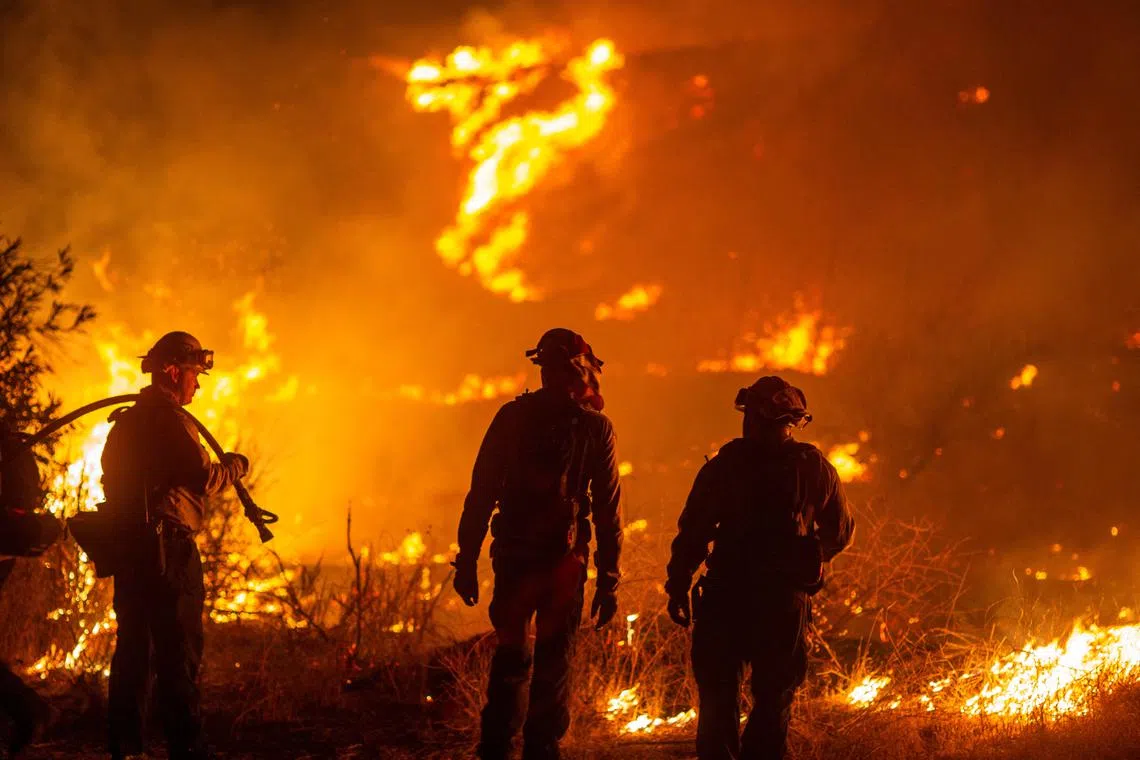 Firefighters battle the Hughes Fire near Castaic Lake, north of Santa Clarita, California, U.S. January 22, 2025.  REUTERS/Ringo Chiu