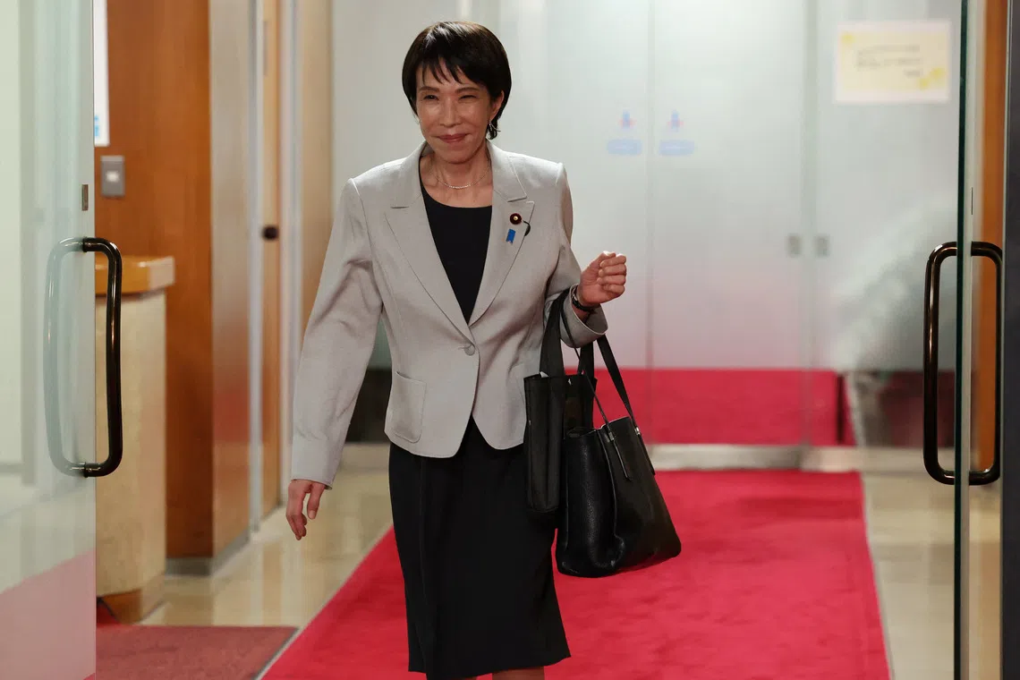 Leader of Japan's ruling Liberal Democratic Party (LDP) Sanae Takaichi leaves after a meeting with party members at its headquarters in Tokyo, Japan, October 16, 2025. REUTERS/Kim Kyung-Hoon