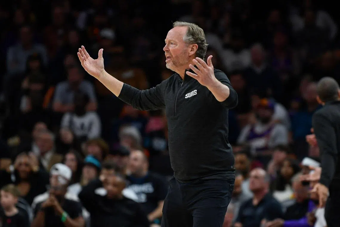 Head coach Mike Budenholzer of the Phoenix Suns reacting during the second half of the NBA loss to the Minnesota Timberwolves at PHX Arena on March 2 in Phoenix, Arizona.