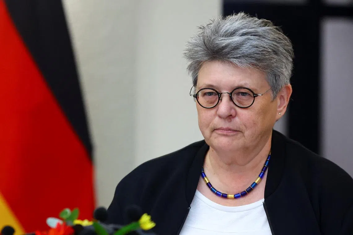FILE PHOTO: Head of Federal Office of Bundeswehr Equipment, Information Technology and In-Service Support Kornelia Annette Lehnigk-Emden looks on, on the day of the presentation of a joint declaration of intent for the ARROW project at the Ministry of Defence in Berlin, Germany, September 28, 2023. REUTERS/Fabrizio Bensch/ File Photo