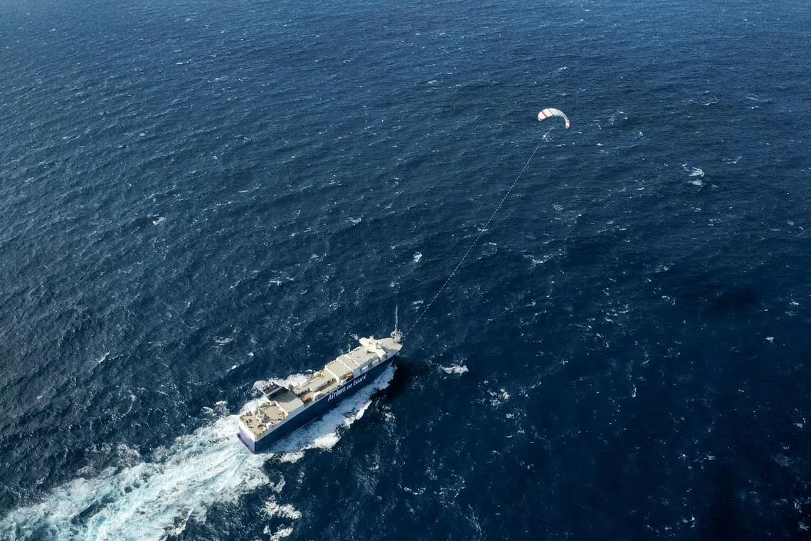 A photo provided by Maxime Horlaville/polaRYSE/Airseas shows a vessel fitted with a sail like a kite, made by the French company Airseas, on the Atlantic Ocean. “We want to decarbonize — why not use what’s available?” said Jan Dieleman, president of Cargill Ocean Transportation, which charters about 700 ships. “Wind is free fuel.” (Maxime Horlaville/polaRYSE/Airseas via The New York Times) -- NO SALES; FOR EDITORIAL USE ONLY WITH NYT STORY SLUGGED WIND POWERED SHIPPING BY CARA BUCKLEY FOR OCT. 3, 2023. ALL OTHER USE PROHIBITED. --