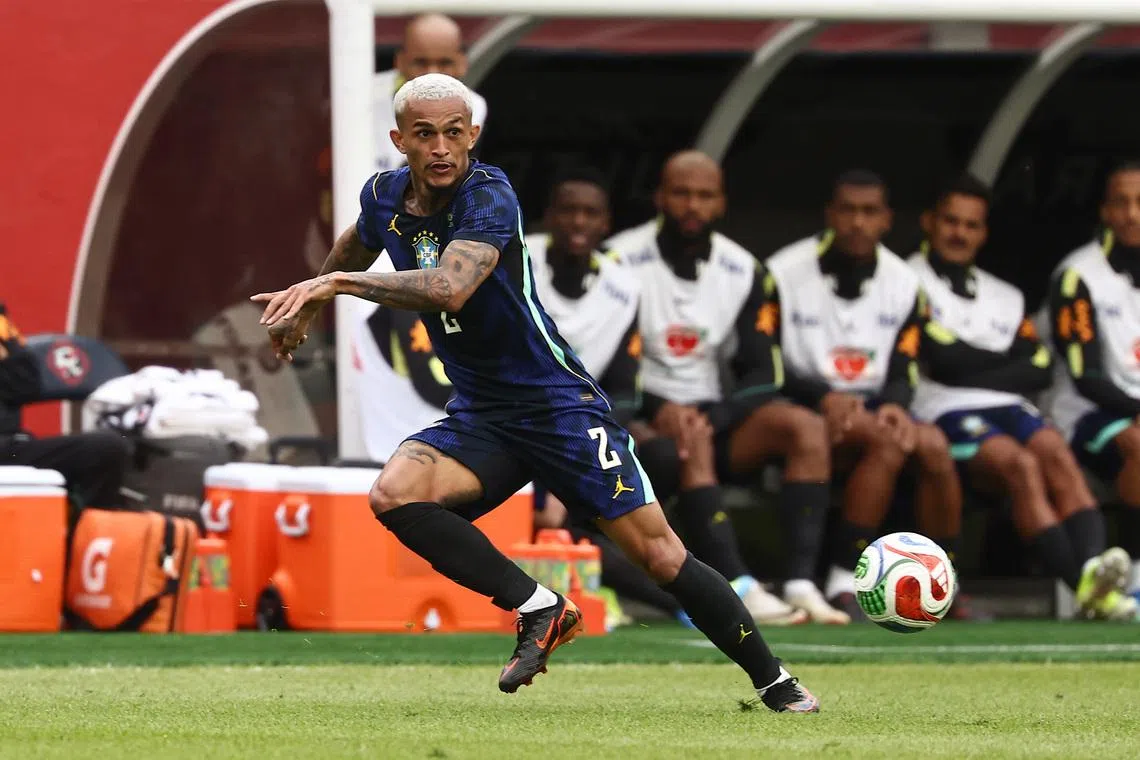 Mar 26, 2026; Foxborough, Massachusetts, USA; Brazil defender Wesley (2) against France at Gillette Stadium. Mandatory Credit: Winslow Townson-Imagn Images
