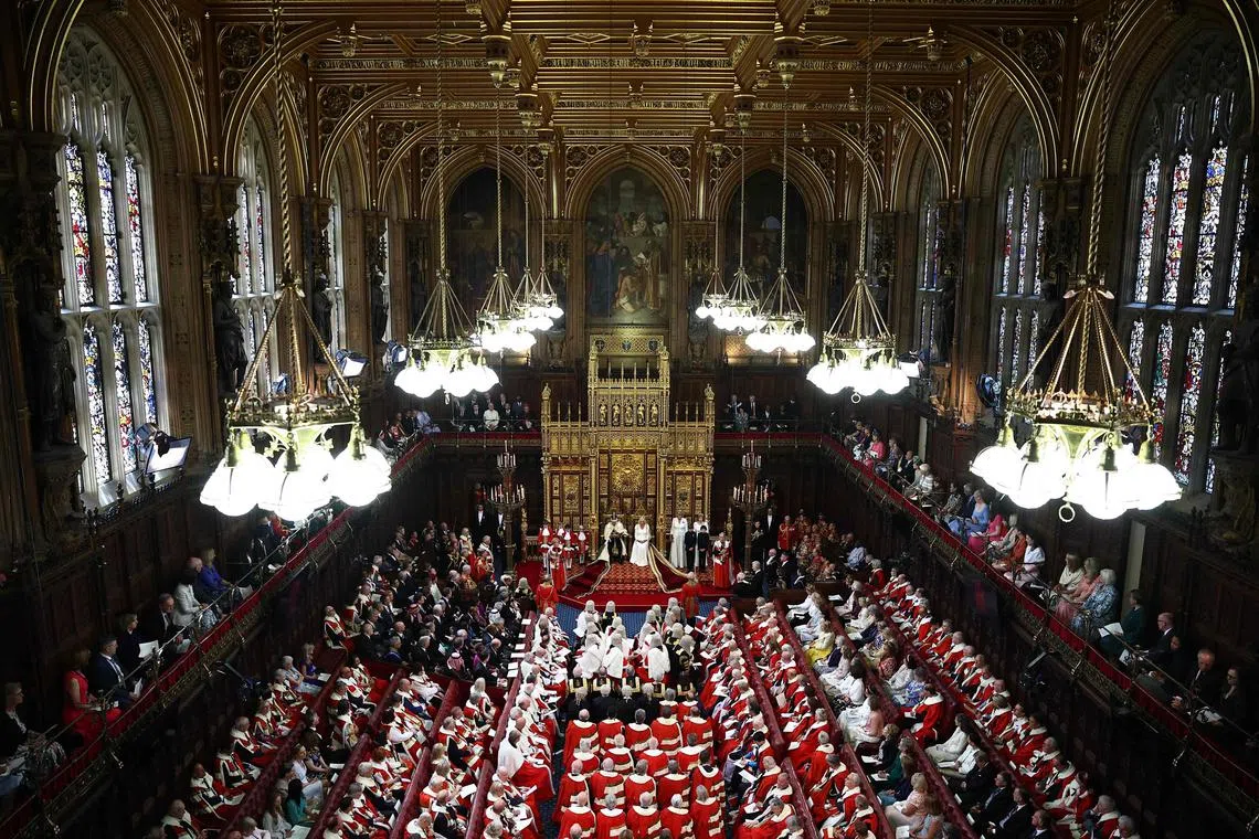 Britain's King Charles III reads the King's Speech during the State Opening of Parliament.