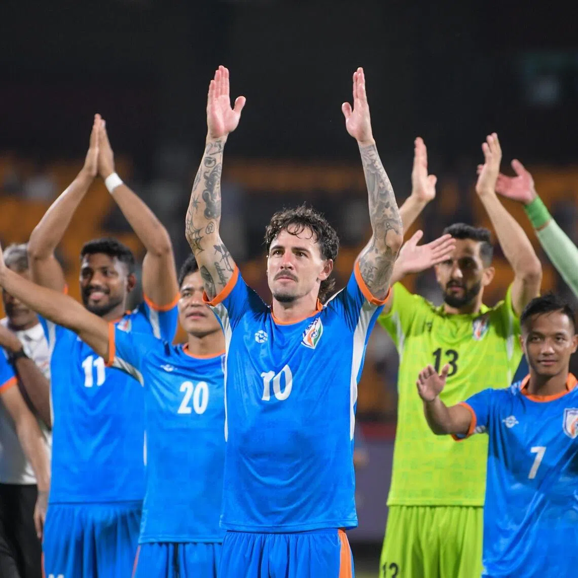 Australian-born Ryan Williams (centre) made his debut for India in a 2-1 win against Hong Kong in their final AFC Asian Cup 2027 Qualifiers clash after he became an Indian citizen.
