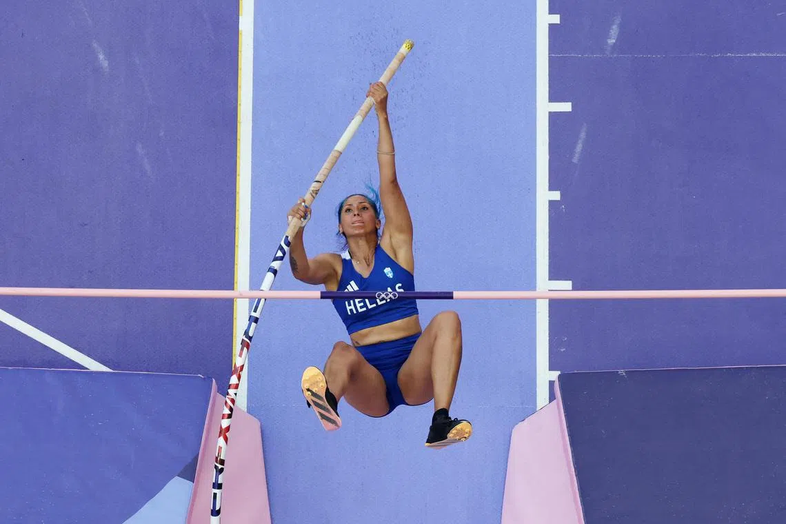 Eleni-Klaoudia Polak of Greece in the Paris Olympics women's pole vault qualification at the Stade de France on Aug 5, 2024.