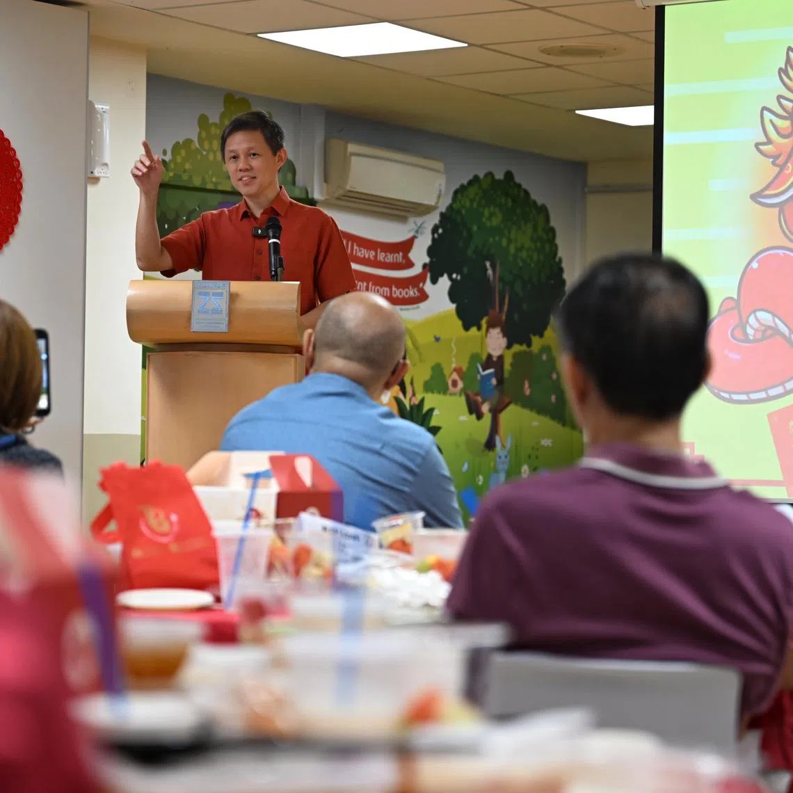 Education Minister Chan Chun Sing delivering a speech during the Tanjong Pagar GRC and Radin Mas SMC Chinese New Year spring carnival and lohei lunch on Feb 8, 2025.