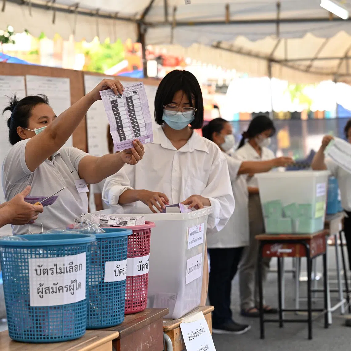 Counting of votes in progress at Wat That Thong in Bangkok on May 14 after polls closed at 5pm local time.