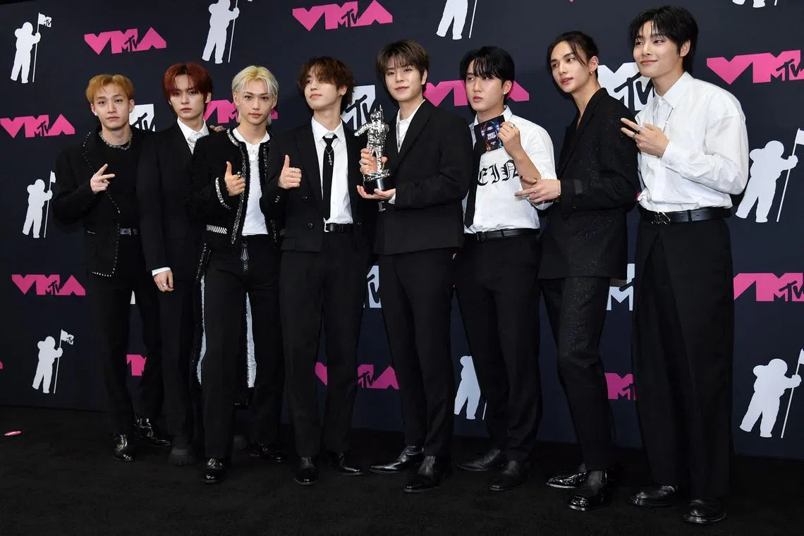 (L-R) Bang Chan, Lee Know, Felix, Han, Seungmin, Changbin, Hyunjin and I.N. of K-pop boy band Stray Kids were scheduled to perform at the Global Citizen Festival in New York on Sept 23, 2023.