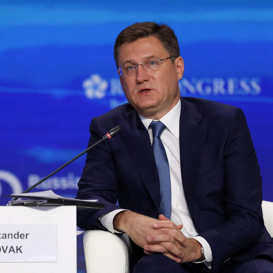 Russia's Deputy Prime Minister Alexander Novak speaks during a session of the Russian Energy Week international forum in Moscow, Russia, October 15, 2025. REUTERS/Ramil Sitdikov