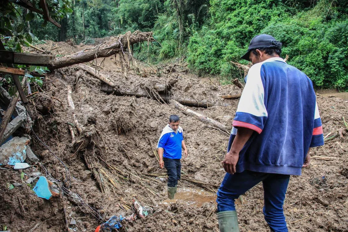epa11739929 Villagers search for victims in the landslide-affected area at Semangat Gunung village in Karo, North Sumatra Province, Indonesia, 25 November 2024. At least nine people were killed, and one villager reported missing after a landslide hit the village, according to the authorities.  EPA-EFE/ALBERT IVAN DAMANIK