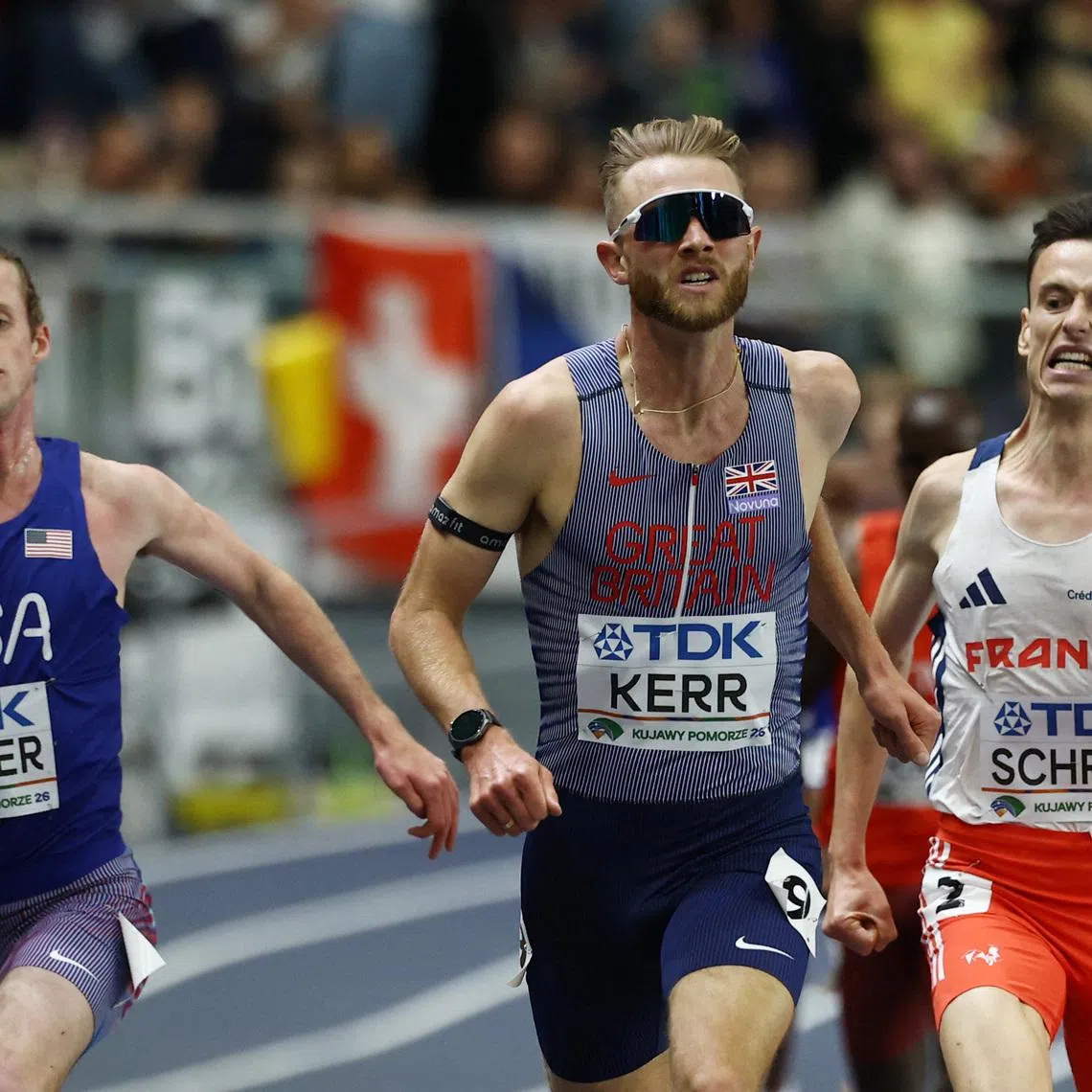 Athletics - World Indoor Championships - Kujawsko-Pomorska Arena, Torun, Poland - March 21, 2026 Britain's Josh Kerr, Cole Hocker of the U.S. and France's Yann Schrub in action during the men's 3000m final REUTERS/Kacper Pempel