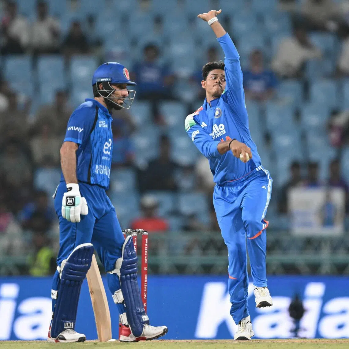 India's Yashasvi Jaiswal bowls in the second one-day international against Afghanistan at the Ekana Cricket Stadium in Lucknow on June 17, 2026.