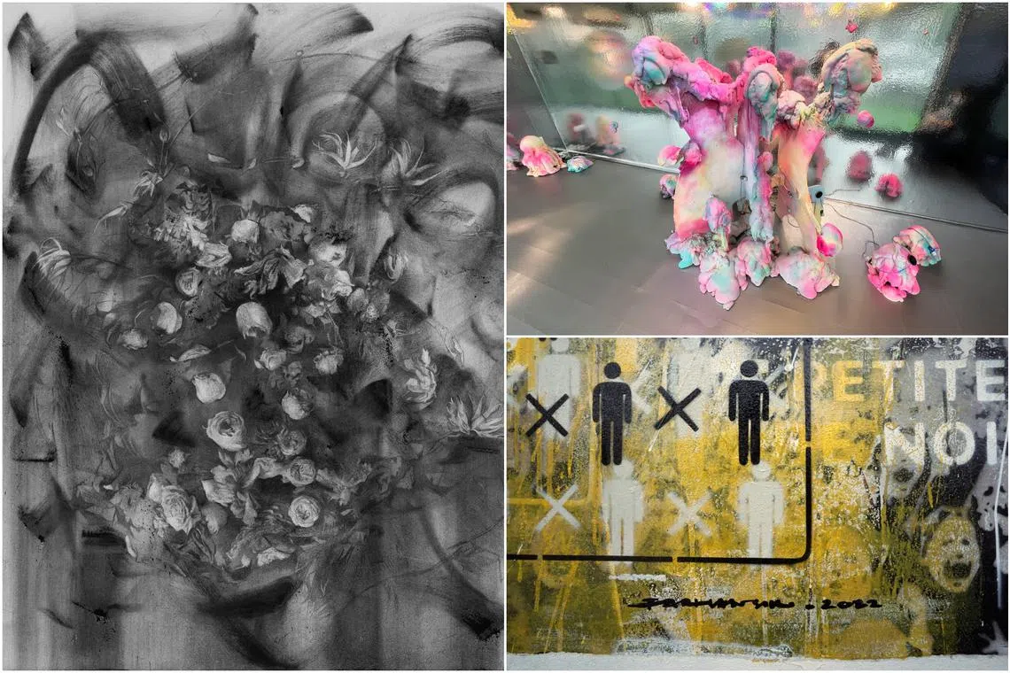 (Clockwise from left) Artists Yanyun Chen's artwork Risk: Rage, Bridget Tay and Nazrin Ramlee's Synapse Intarsia and Farhan Siki's Life In Uncertainty.