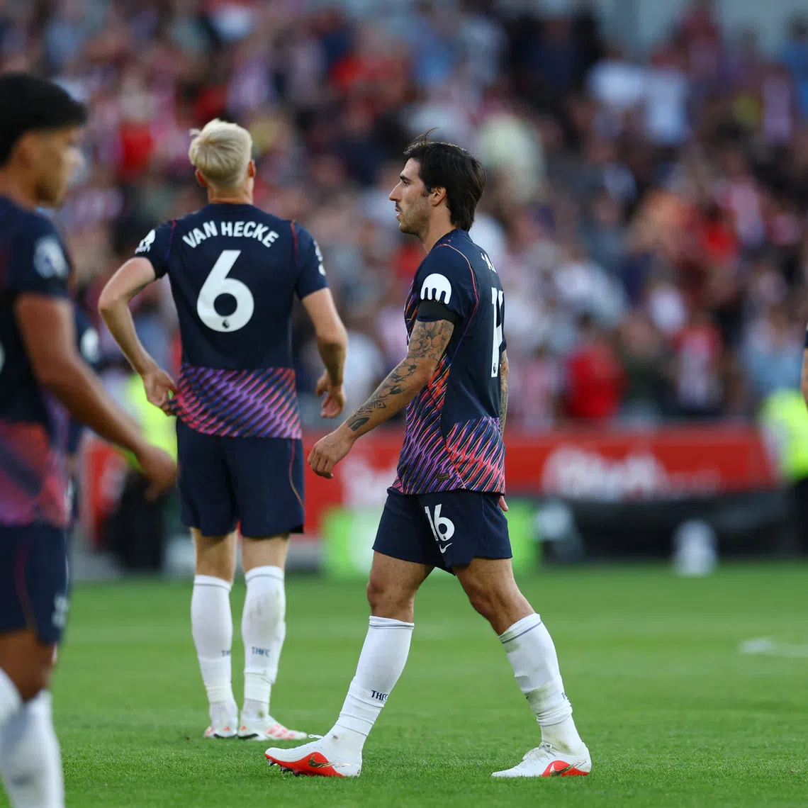 Tottenham Hotspur’s Sandro Tonali looks dejected after the match.