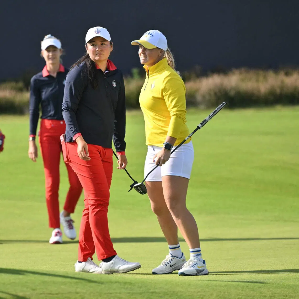 Swedish golfer Maja Stark (right) in high spirits after partnering Linn Grant to beat US golfers Allisen Corpuz (second from right) and Nelly Korda.