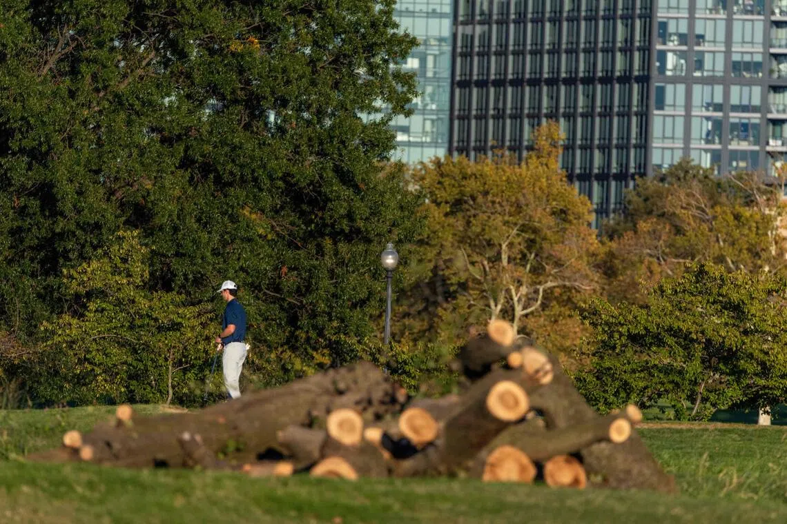 Golfers walk by piles of logs and debris on the course at East Potomac Golf Links on Oct 18.