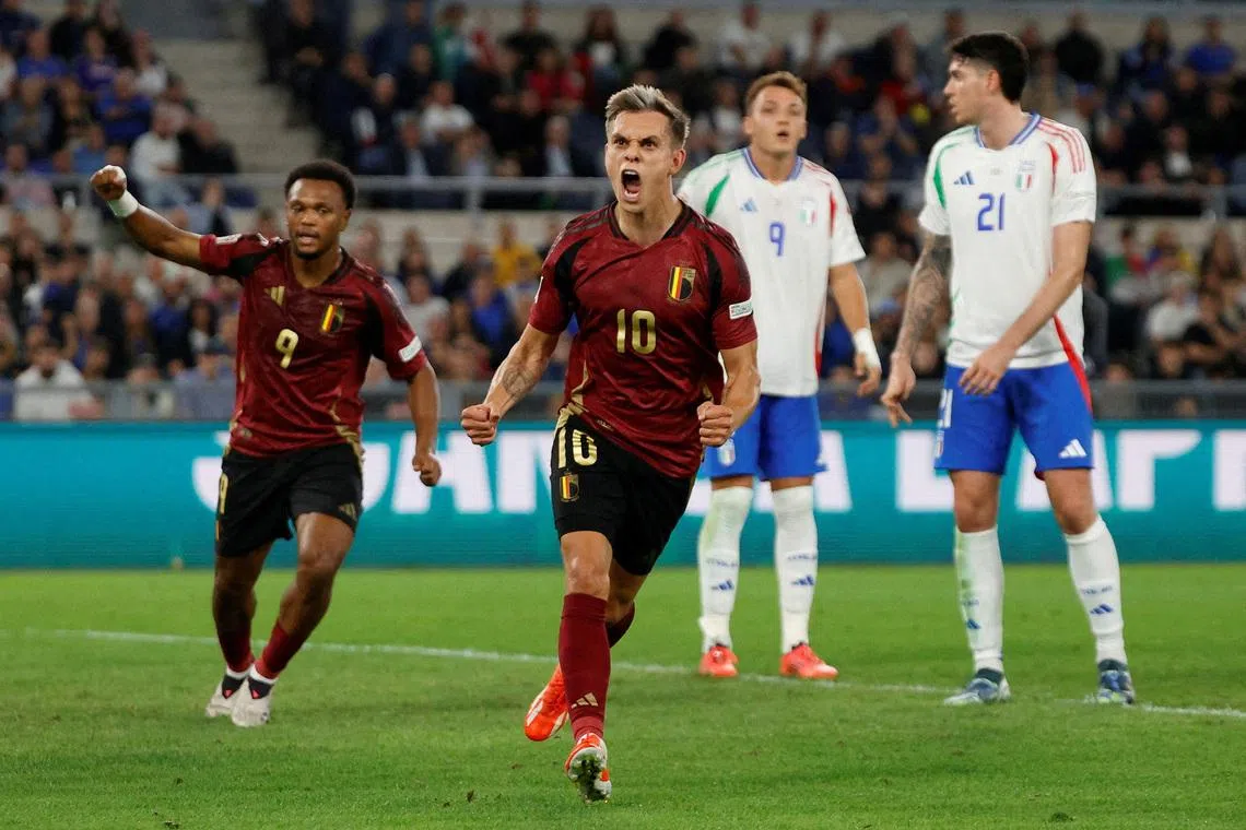 FILE PHOTO: Soccer Football - UEFA Nations League - Group A2 - Italy v Belgium - Stadio Olimpico, Rome, Italy - October 10, 2024 Belgium's Leandro Trossard celebrates scoring their second goal REUTERS/Ciro De Luca/File Photo