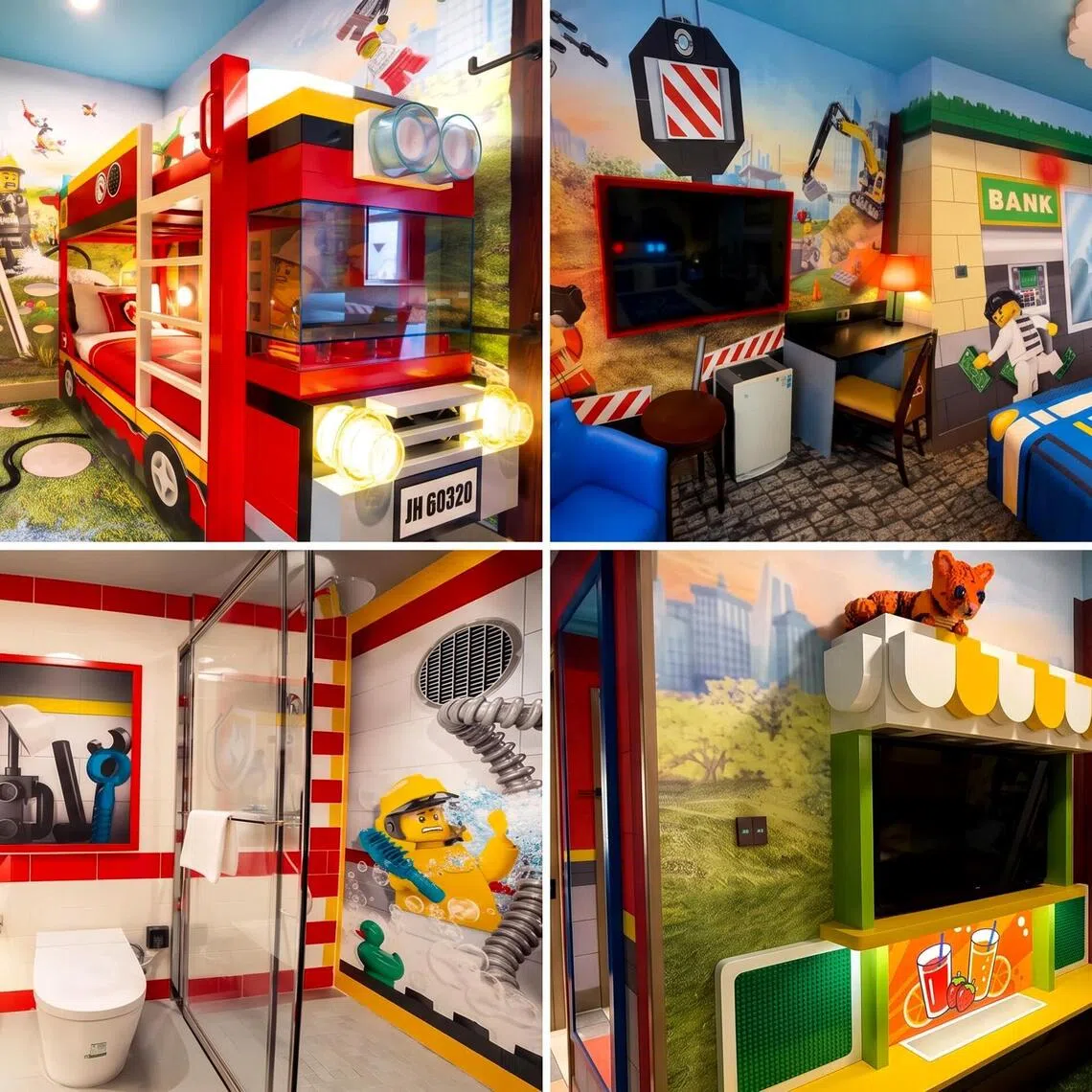 The new Lego City-themed rooms feature vibrant wall murals, custom furniture and bedding.