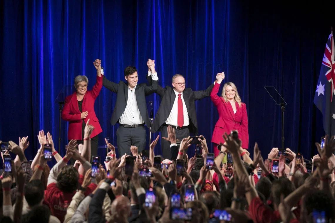 Anthony Albanese, Australia's prime minister, second right, arrives on stage with his partner Jodie Haydon, right, his son Nathan Albanese, second right, and Penny Wong, Australia's foreign minister, at the Labor Party election night event in Sydney, Australia, on Saturday, May 3, 2025. Albanese was re-elected in Saturday's vote with an expanded majority, projections show, becoming the nation's first leader in 21 years to win back-to-back elections. Photographer: Brent Lewin/Bloomberg