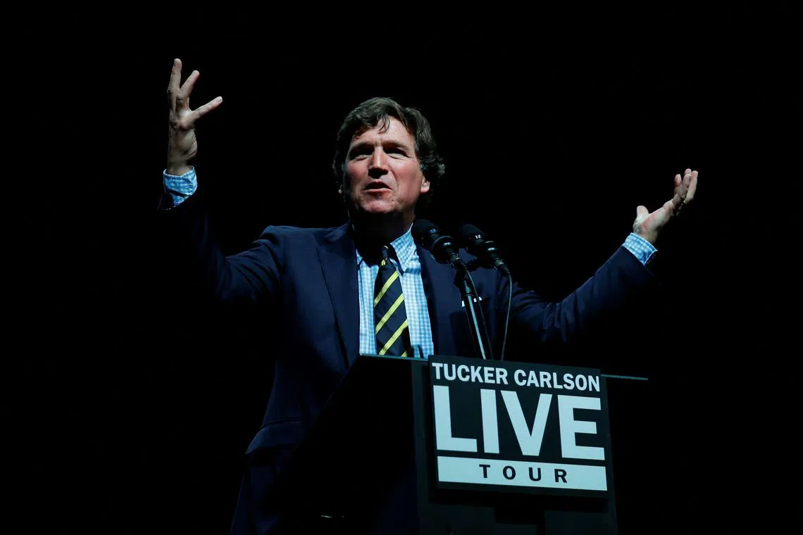 Personalities linked to the right – hosts Tucker Carlson (pictured), Megyn Kelly, Shawn Ryan, and Candace Owens – are among people involved in the 25 most-listened-to podcasts on Spotify.