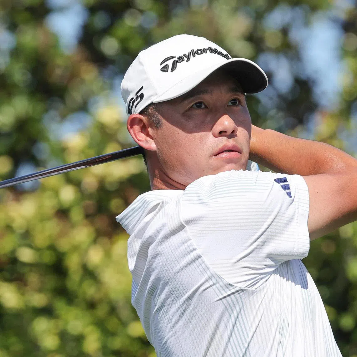 Mar 8, 2026; Orlando, Florida, USA;  Collin Morikawa plays his shot from the ninth tee during the final round of the Arnold Palmer Invitational golf tournament. Mandatory Credit: Reinhold Matay-Imagn Images
