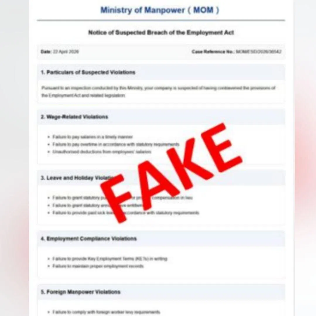 Recipients of the scam e-mails are asked to review documents via an embedded link, which would direct them to a fake MOM webpage.