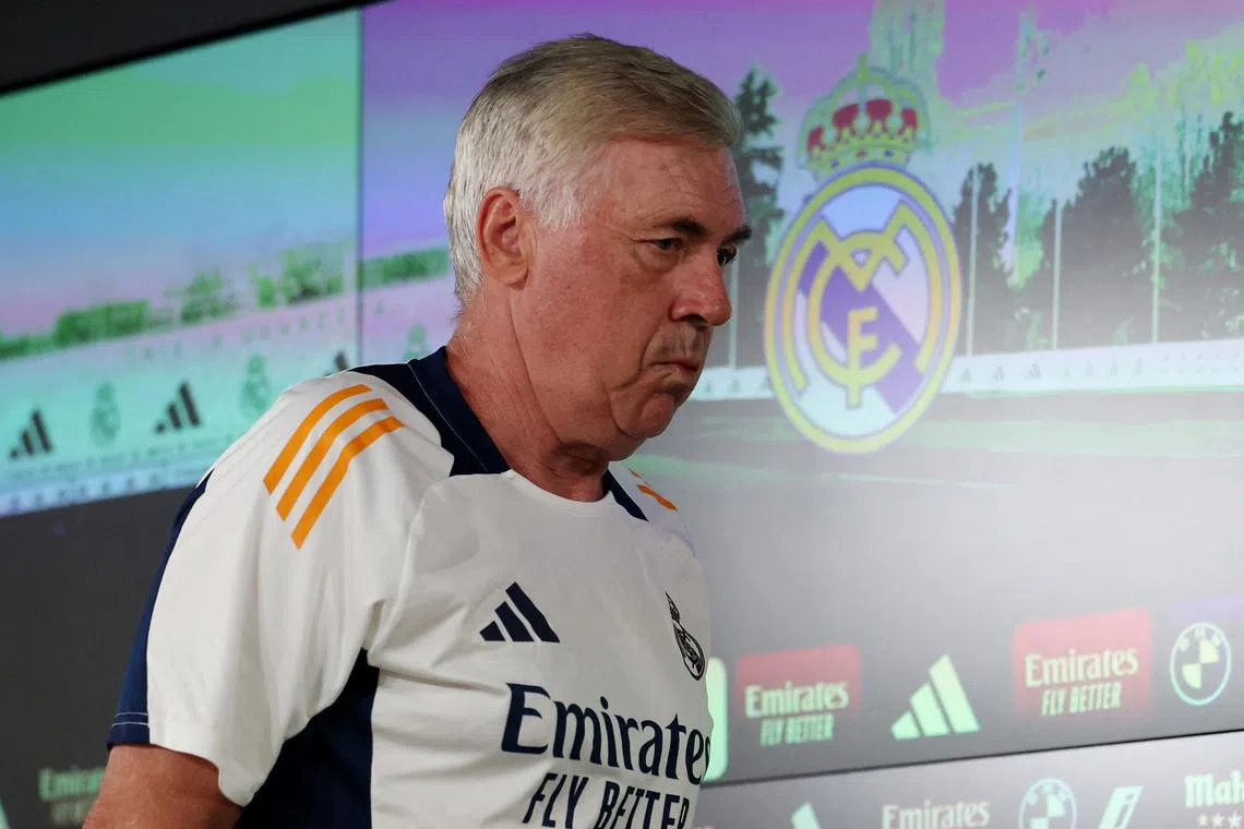 Soccer Football - LaLiga - Real Madrid Press Conference - Ciudad Real Madrid, Valdebebas, Madrid, Spain - August 17, 2024 Real Madrid coach Carlo Ancelotti after the press conference REUTERS/Isabel Infantes