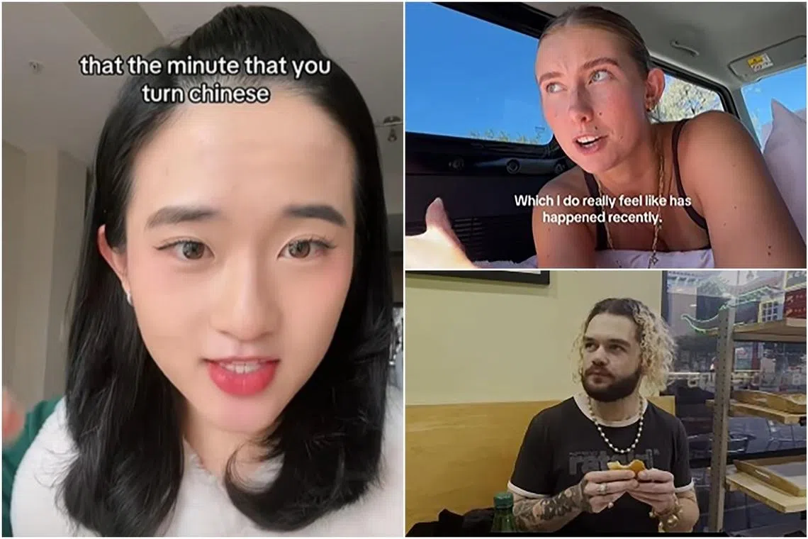 Sherry Xu (left) is credited with launching the "becoming Chinese" trend. Non-Chinese TikTokers (right) were enthusiastic about coaching viewers on Chinese New Year superstitions. 