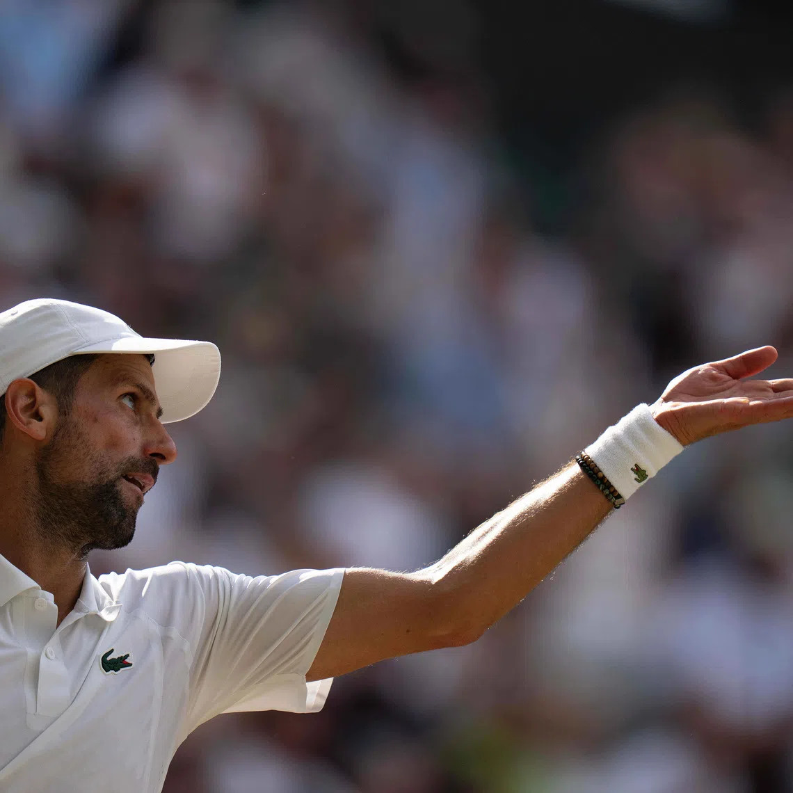 Novak Djokovic tosses the ball to serve during his Wimbledon semi-final match against Jannik Sinner.