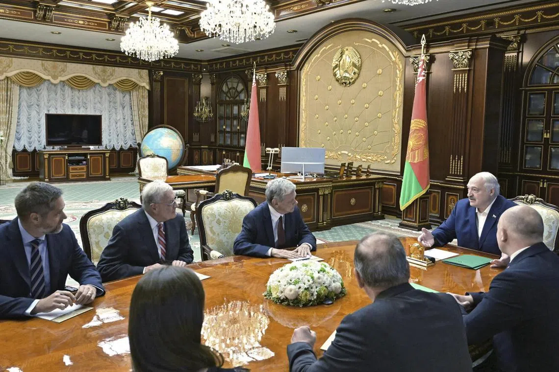Belarusian President Alexander Lukashenko (second from right) meeting US envoy for Ukraine Keith Kellogg (second from left) in Minsk, on June 21.