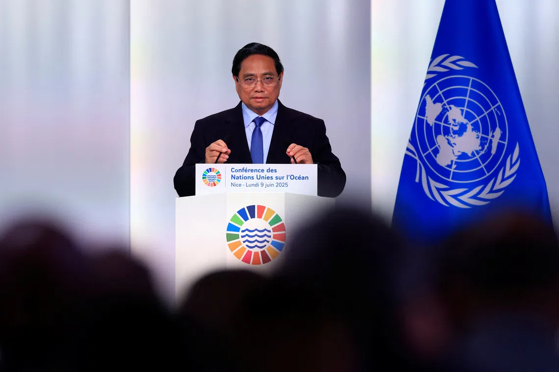 Vietnam's Prime Minister Pham Minh Chinh delivers a speech during a plenary session at the third United Nations Ocean Conference (UNOC3), which gathers leaders, researchers and activists to discuss how to protect marine life, at the Centre des Expositions conference centre in Nice, France, June 9, 2025. REUTERS/Manon Cruz/File Photo