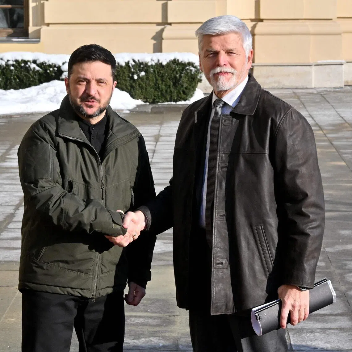 Ukrainian President Volodymyr Zelensky (left) welcoming Czech counterpart Petr Pavel  to Kyiv on Jan 16.
