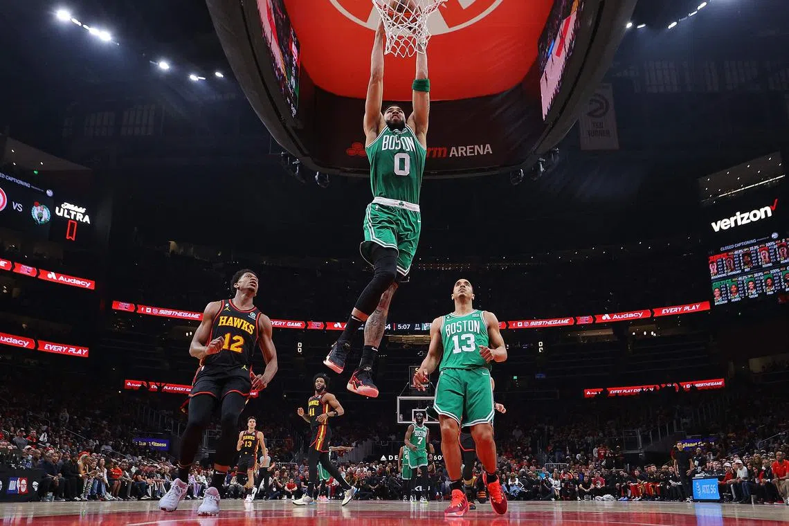 Jayson Tatum of the Boston Celtics dunks against the Atlanta Hawks during the second quarter of Game 6 of their NBA Eastern Conference play-offs.